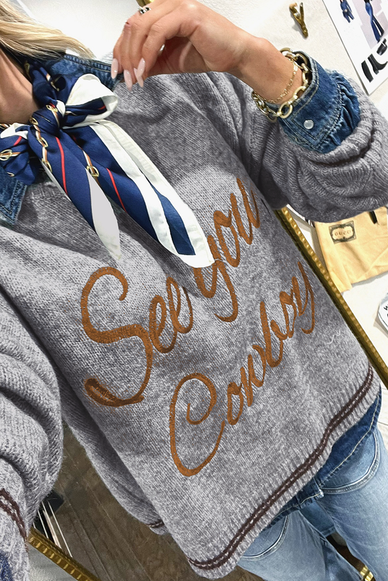Grigio chiaro ci vediamo cowboy ricamato maglione grafico occidentale