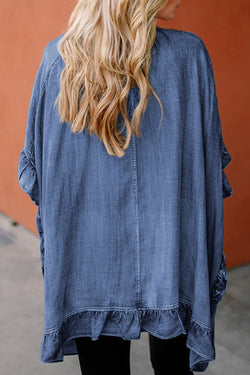 Dusk Blue Chambray Ruffle Hem Mede manga abierta Kimono suelta