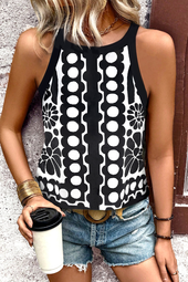 Black abstract Dot Flower Print Tank Toque