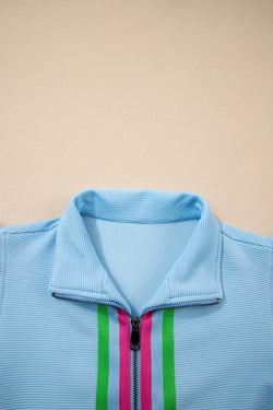 Strawberry rosa Detalle a rayas Flutter manga collar con cremallera juego corto