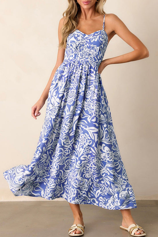 Sky Blue Floral Stampa Spaghetti Cinghia Maxi Abito in vita alta
