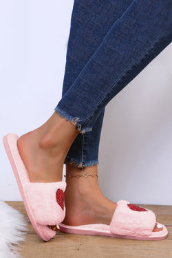 Pantuflas de felpa sin cordones en forma de corazón con lentejuelas rosas
