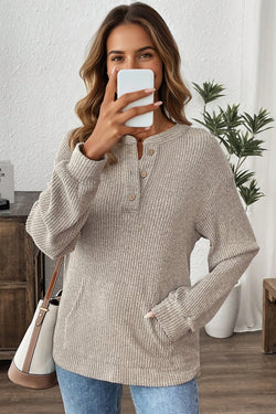 Top de punto henley con hombros caídos y textura de canalé rosa