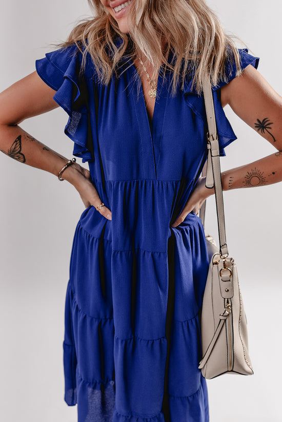 Bluant à manches courtes à pied à collier V robe midi à plusieurs niveaux de cou