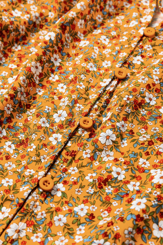 Orange Boho Floral Ruffled Bubble Sleeve V Neck Fall Blouse