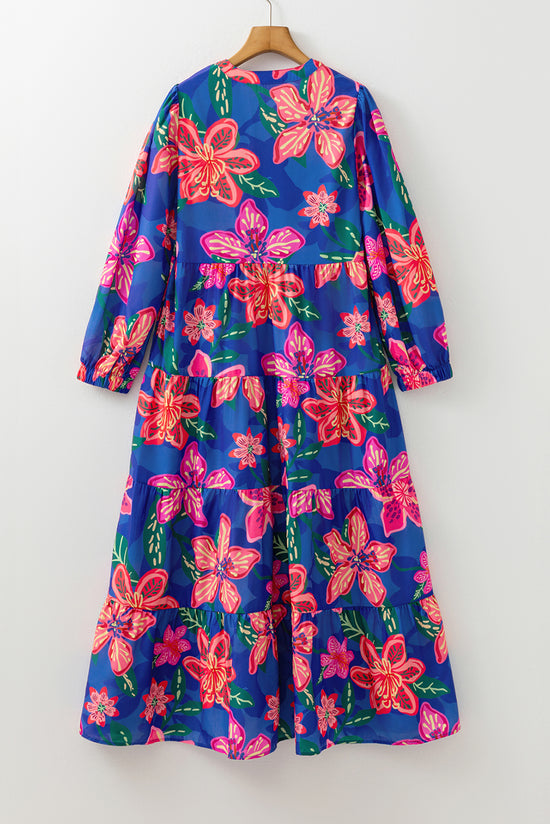 Vestido longo em camadas com estampa floral azul manga 3/4 com decote em V