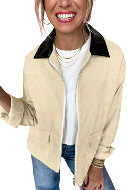 Parchment Contrast Leather Collar Textured Zip Up Jacket