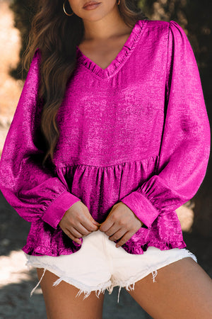 Rose rojo metálico volante V cuello hojaldre blusa babydoll