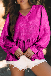 Rose rojo metálico volante V cuello hojaldre blusa babydoll