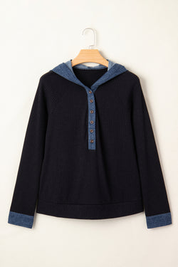 Black Ribbed Knit Contrast Denim Patchwork Hooded Long Sleeve Top