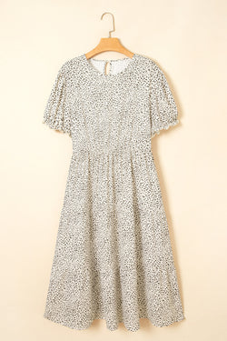 Beige Plus Size Leopard Print Frill Trim Short Sleeve Flared Dress