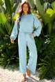 Mist Blue Drop Shoulder Puff Sleeve Crop Pullover Drawstring Wide Leg Pants Set