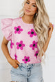 Blusa manica floreale a bordo floreale rosa