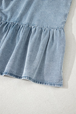 Beau Blue Bowknot Neck sin mangas con volantes Vestido de chambray