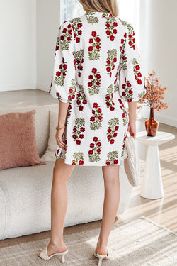 White Floral Print V Neck 3/4 Sleeve Loose Mini Dress
