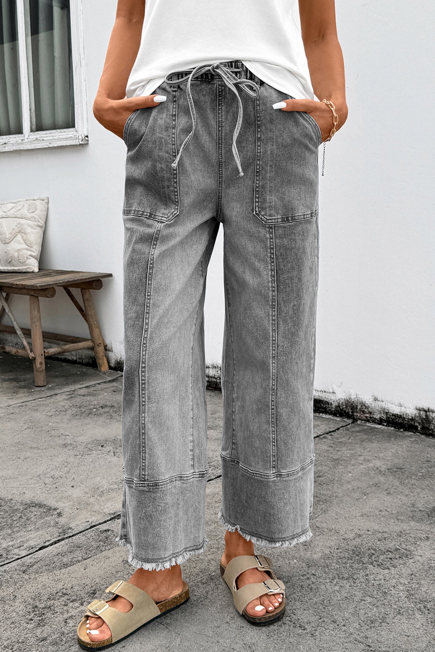 Prussian Blue Drawstring Seam Detail Raw Hem Wide Leg Denim Pants
