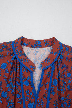 Brown 3/4 Puff Sleeve Tiered Loose Floral Dress