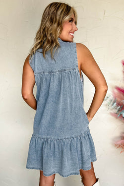 Beau Blue Bowknot Neck sin mangas con volantes Vestido de chambray