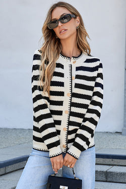 Apricot Stripe Chic Golden Button Cardigan Sweater