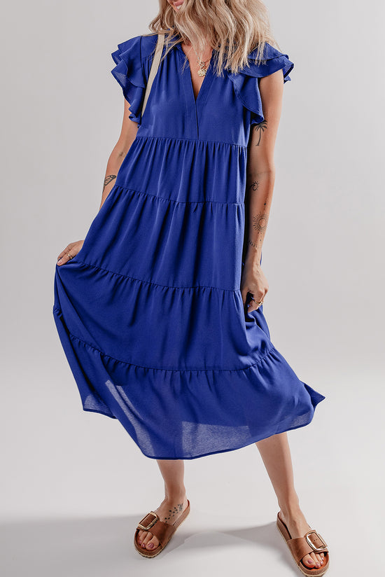 Bluant à manches courtes à pied à collier V robe midi à plusieurs niveaux de cou