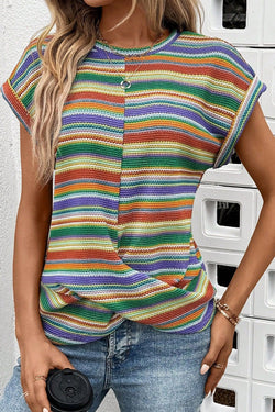 Top de manga corta de giro de patrón rayado multicolor de rayas