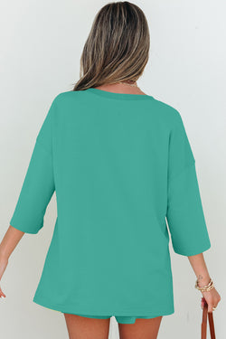 Meadow Mist Green Solid Sole Lo suelto V Neck Media manga y pantalones pantalones cortos