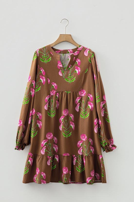 Túnica babydoll com estampa floral contrastante marrom com babados na bainha vestido manga bufante
