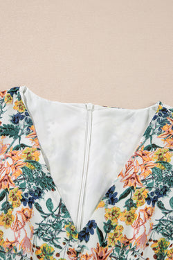 Ciel bleu floral 3/4 manche en V couche haute robe à volants