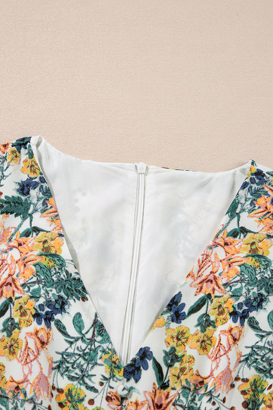 Ciel bleu floral 3/4 manche en V couche haute robe à volants