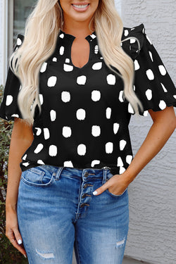 Black Polka Dot Stampa giogo a shirted coglione manica a palloncini.