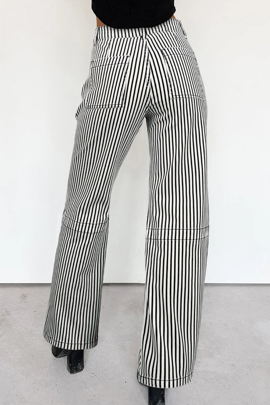 Jean en denim droit taille haute à rayures et poches plaquées noir