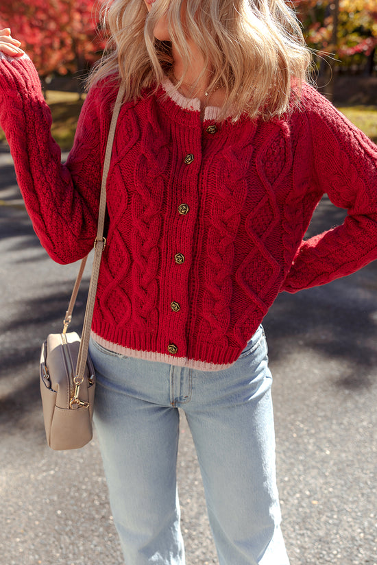 Cardigan con il bordo del bordo del bordo del bordo di colore rosso da corsa