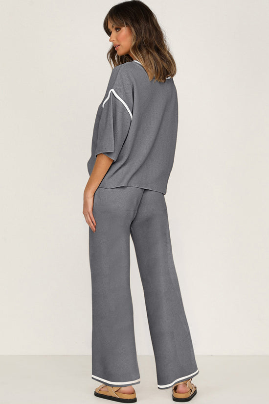 Costume 2 pièces ample avec haut à manches mi-longues et pantalon à cordon de serrage, garniture contrastée gris moyen