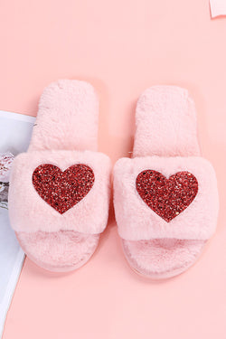 Pantuflas de felpa sin cordones en forma de corazón con lentejuelas rosas