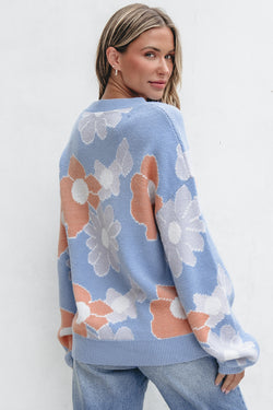 Beau blu floreale o collo goccia a maglia a maglia