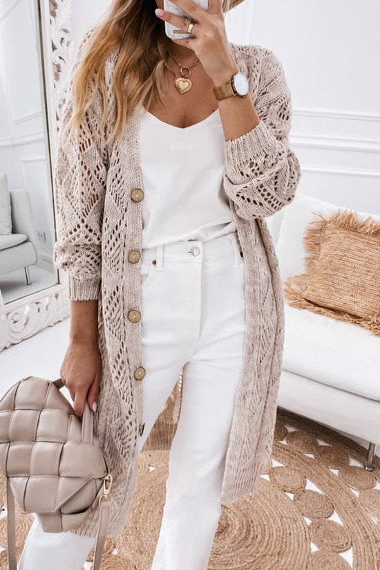 Grey Hollow-out Openwork Knit Cardigan