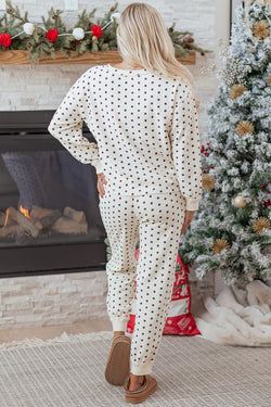 Set da salotto in maglia a nido d'ape con stampa a pois bianchi, collo dentellato, maniche lunghe, pantaloni da jogging con coulisse