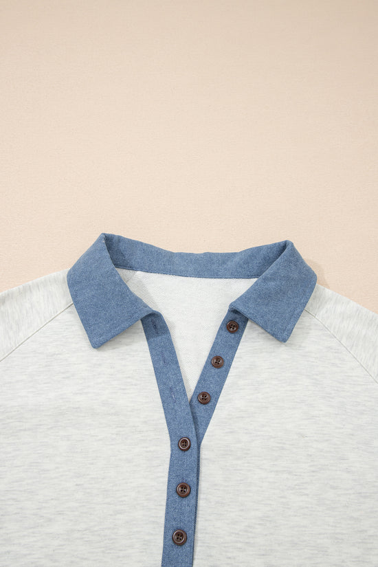 Light Grey Denim Patchwork Buttoned Polo Collar Long Sleeve Top