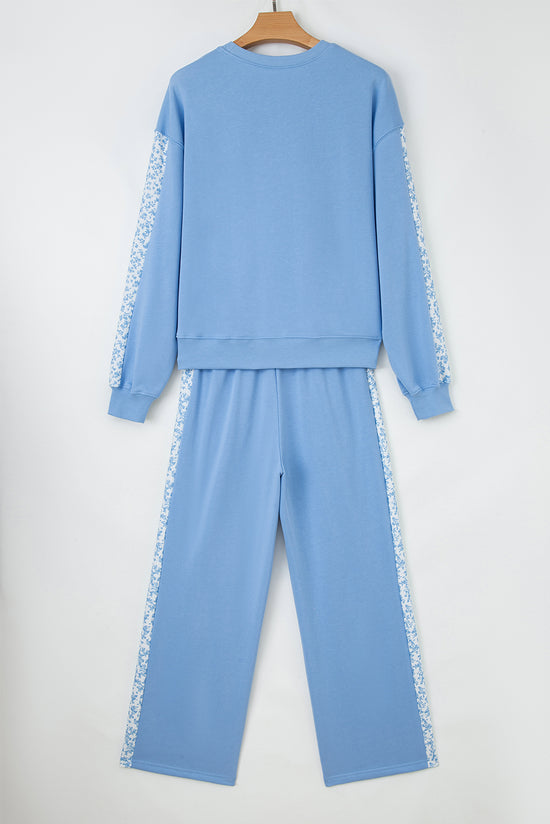 Beau Blue Floral Patchwork Drop Shoulder Pullover and Sweatpants Lounge Set