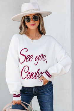 Bianco See You Cowboy ricamato maglione grafico occidentale