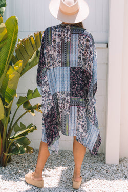 Blue Retro Retro Floral Long Long Loose Front Kimono Kimono