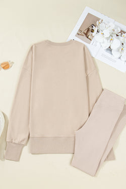 Jet Stream Solid Color Oversize Slit Sweatshirt Ribbed Leggings 2pcs Set