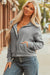 Gray Waffle Splicing Zip Up Front Button Hooded Jacket