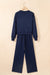 Dirty blue Varsity Striped Detail Crewneck Pullover Elastic Sweatpants 2pcs Outfit