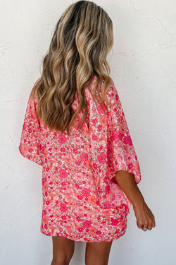 Blusa in stile Kimono rosa floreale a V.