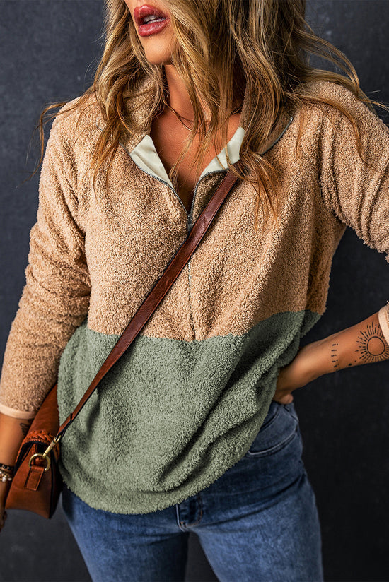 Moletom de lã com meio zíper e bloco colorido em dois tons cinza fumaça