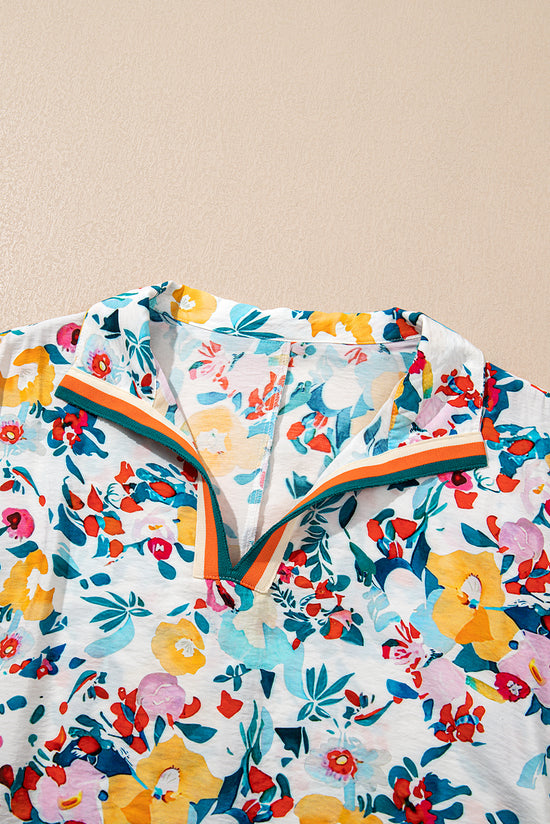 Blusa de manga curta rosa de estampa floral com estampa floral V de pescoço