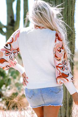 Maglione a manica a vescovo floreale bianco