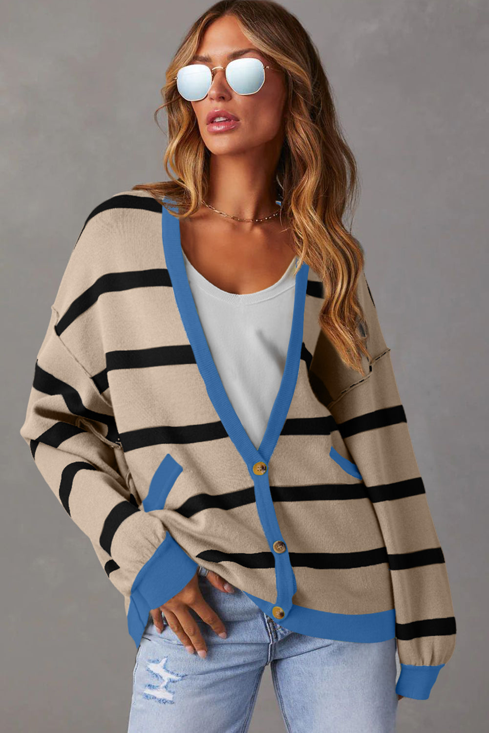 Pink Stripe Colorblock Drop de hombro Botoned Cardigan suelto