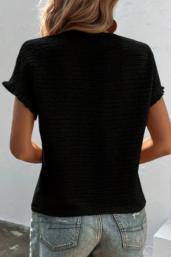 Black and Light Pink Solid Textured Ruffled Short Sleeve Blouse